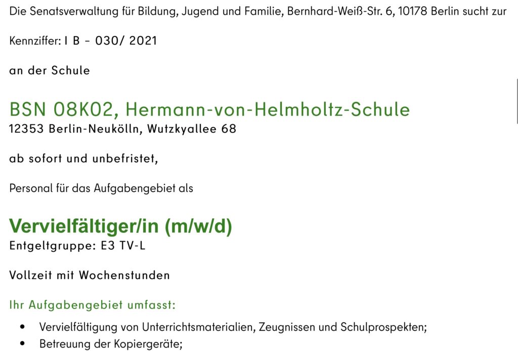 Man sieht eine Stellenausschreibung für den Job Vervielfältiger, ausgeschrieben von der Schulverwaltung in Berlin