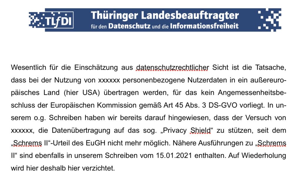 Man sieht einen Ausschnitt aus einem Informationsschreiben des Thüringer Datenschutzbeauftragten Lutz Hasse für Schulen: Datenschutz Schule Digitalempfehlungen