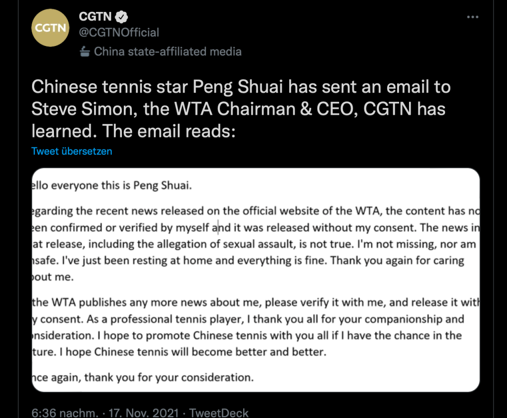 CGTN Screenshot von Peng Shuai über ihr Verschwinden 