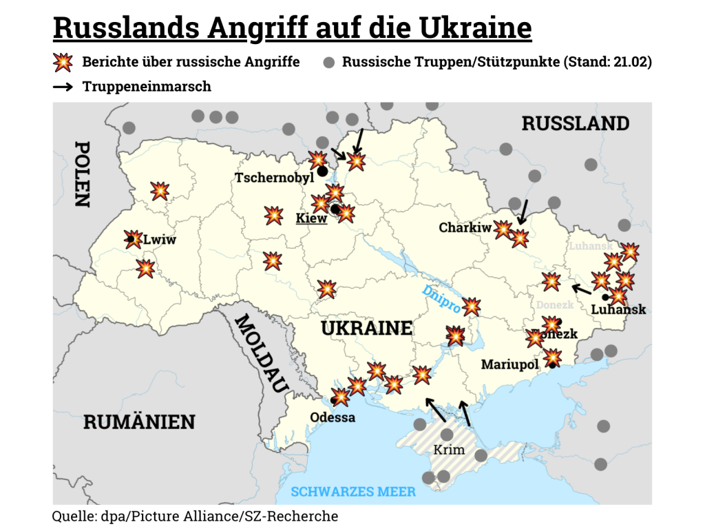 USA, G7 und EU einigen sich auf Sanktionen gegen Russland: Grafik zu Russlands Angriff auf die Ukraine; Karte mit Symbole an Orten an denen es Berichten über russische Angriffe gab, russische Truppen stationiert sind und es Truppeneinmärsche gab.  

