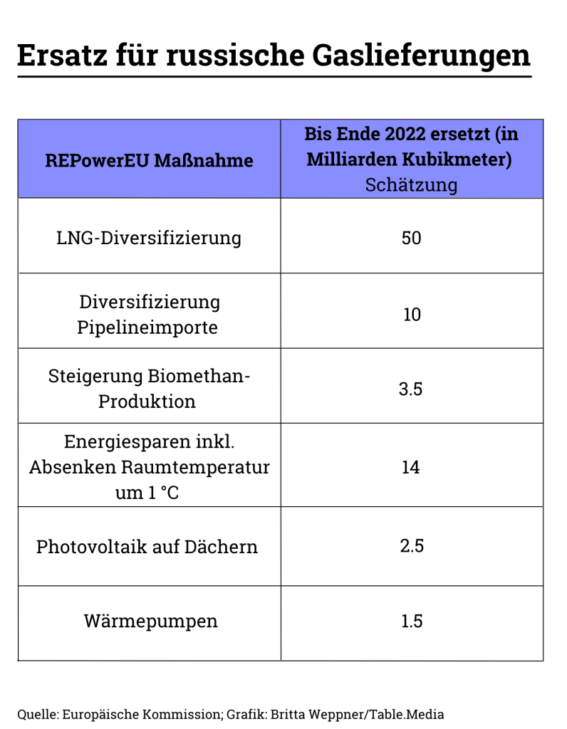 Gas aus Russland: EU will Abhängigkeit verringern 

Tabelle: Ersatz für russische Gaslieferungen 