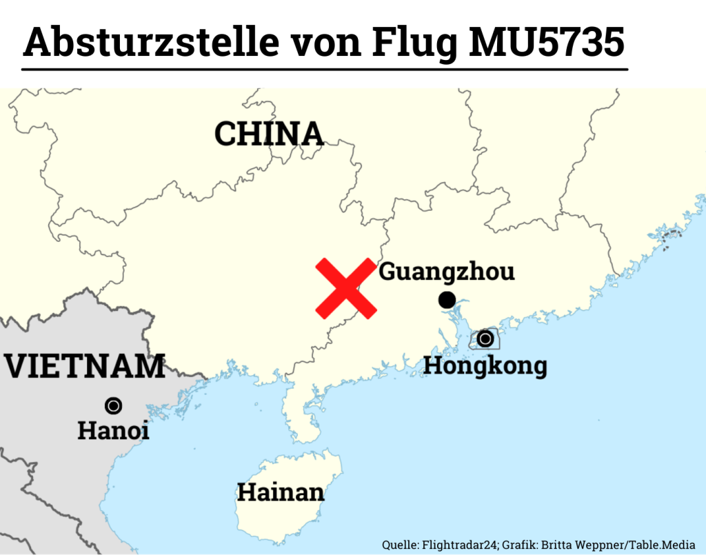 Auf der Karte ist der Ort des Flugzeugabsturzes in Guangxi markiert. 