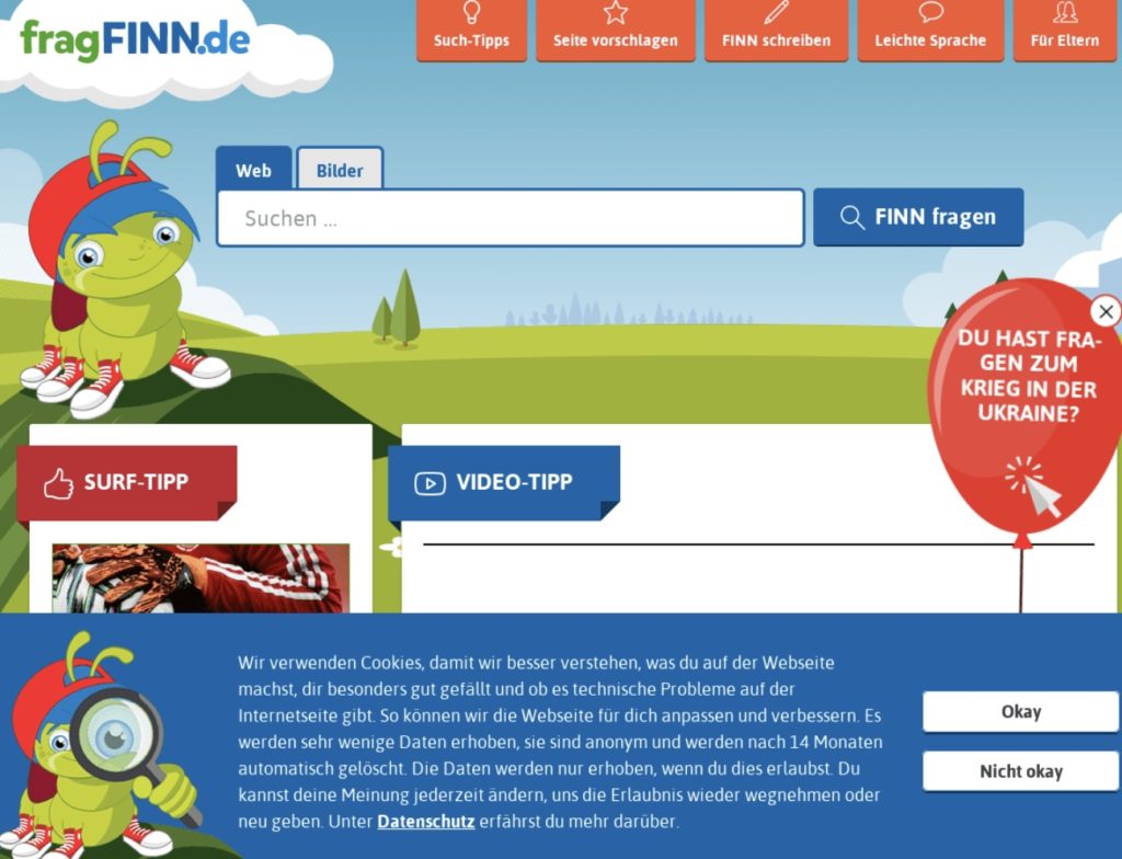 Screenshot aus Frag-Finn, Suchmaschine die Fragen zum Datenschutz aufwirft