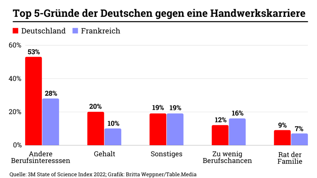 Grafik zu den Gründen warum Deutsche keine Hadwerker-Karriere anstreiben: Bund Ausbildungsgarantie angehen