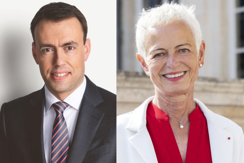 Nils Schmid (links), Porträtfoto im Anzug vor weißem Hintergrund, und Brigitte Klinkert (rechts), Porträtfoto mit rotem Oberteil und weißer Jacke vor einem Gebäude. 