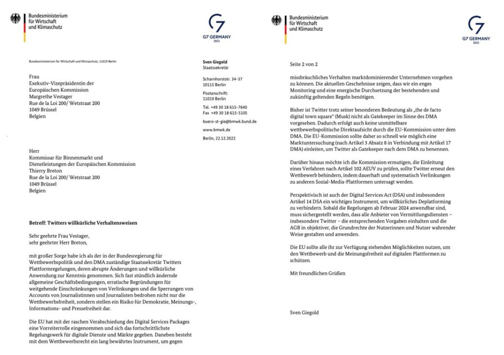 Brief von Staatssekretär Sven Giegold (BMWK) an die EU-Kommission