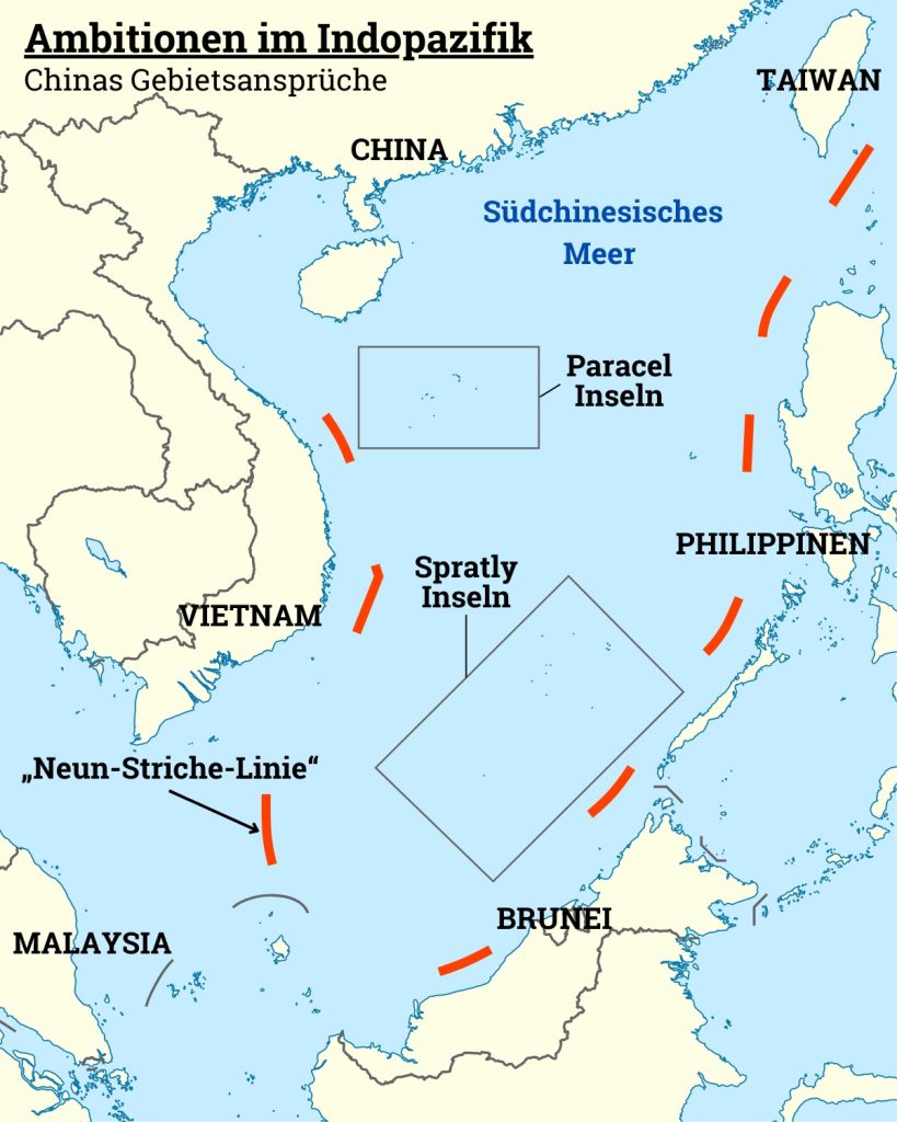 Karte zu Chinas Gebietsansprüchen im Indopazifik. 