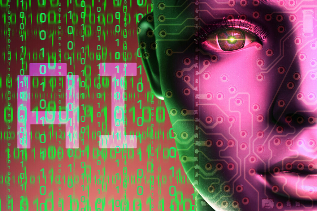 FOTOMONTAGE, Künstliche Frauenfigur mit Computercode und Aufschrift AI, Symbolfoto künstliche Intelligenz *** PHOTOMONTAGE, Artificial woman figure with computer code and inscription AI.