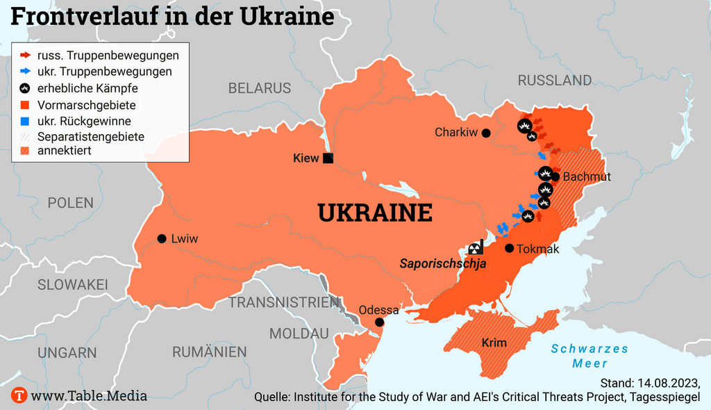 Frontverlauf in der Ukraine im August 2023