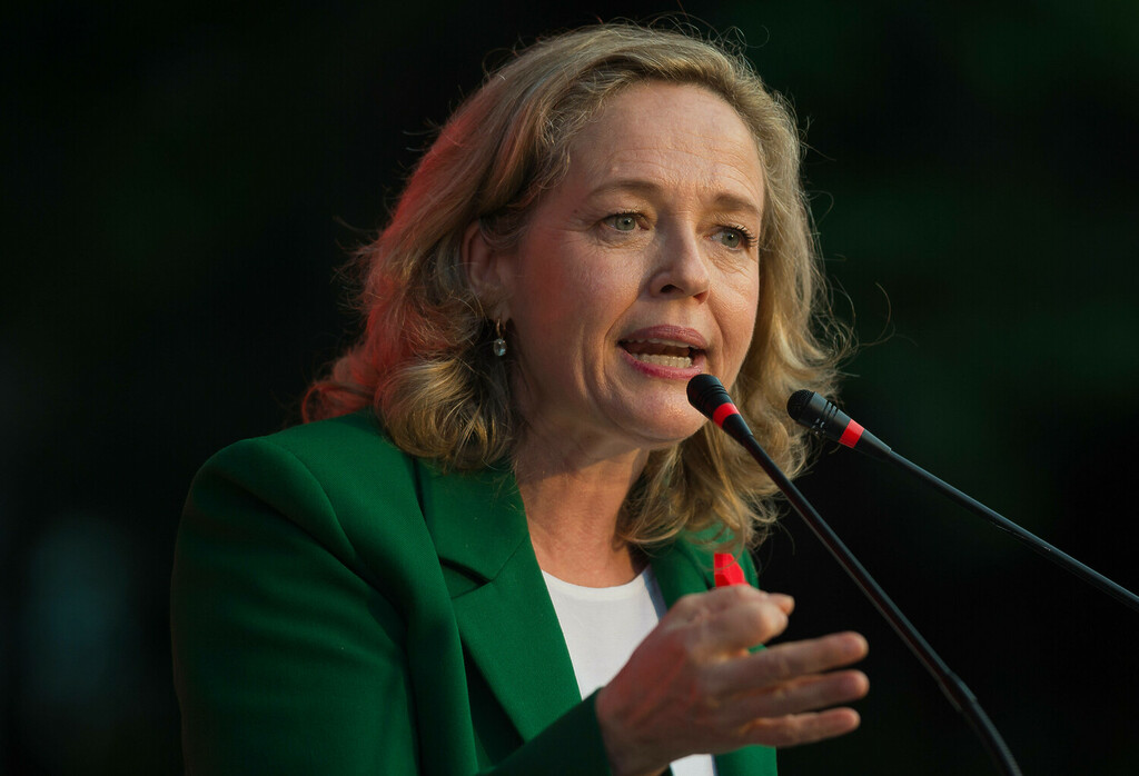 Spanish First Deputy Prime Minister of Spain and Minister of Economy Nadia Calvino is seen delivering a speech as she takes part in a rally at the end of the electoral campaign. Malaga, Spain.