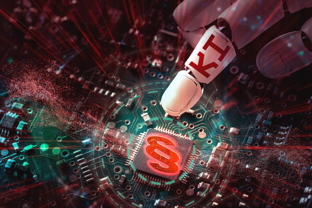December 1, 2023: Jurisdiction and rules from the use of AI - Artificial Intelligence concept. A glowing computer chip with a paragraph symbol and robot fingers with the lettering AI PHOTOMONTAGE *** Rechtssprechung und Regeln von der Verwendung von KI - Künstlicher Intelligenz Konzept. Ein leuchtender Computerchip mit einem Paragraphensymbol und Roboterfinger mit Schriftzug KI FOTOMONTAGE