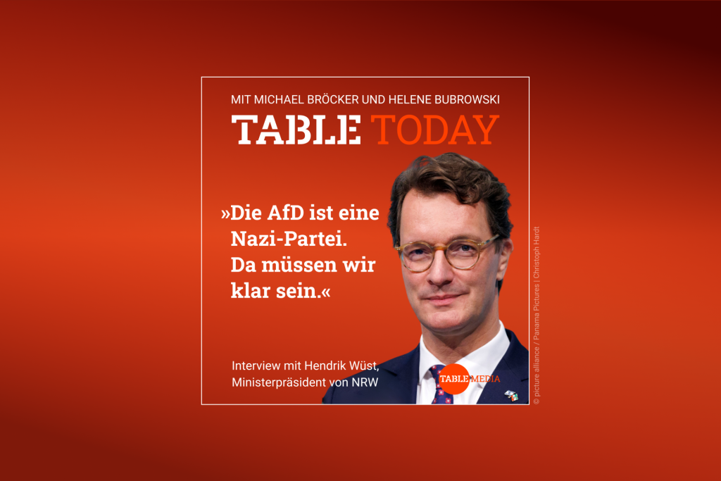 able Today mit Michael Bröcker und Helene Bubrowski. "Die AfD ist eine Nazi-Partei. Da müssen wir klar sein." Im Podcast: Interview mit Hendrik Wüst, Ministerpräsident von NRW. Dienstag ab 6 Uhr