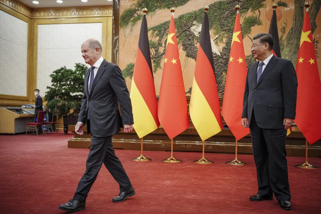FILE - German Chancellor Olaf Scholz, left, walks as he meets Chinese President Xi Jinping at the Great Hall of People in Beijing, China, on Nov. 4, 2022. In the weeks since Chinese leader Xi Jinping won a third five-year term as president, setting him on course to remain in power for life, leaders and top diplomats from around the world have be...