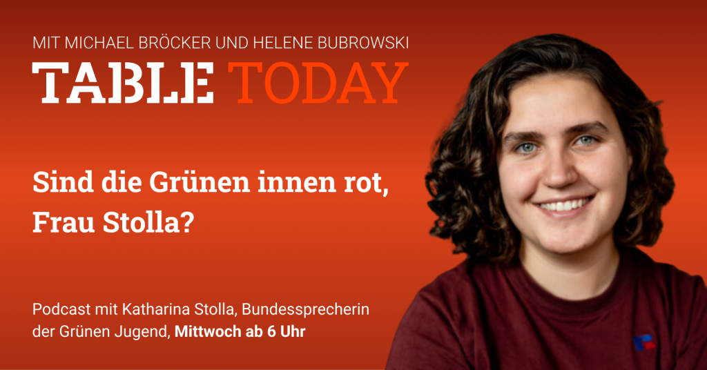 Table.Today mit Michael Bröcker und Helene Bubrowski. "Sind die Grünen innen rot, Frau Stolla?" Podcast mit Katharina Stolla, Bundessprecherin der Grünen Jugend.