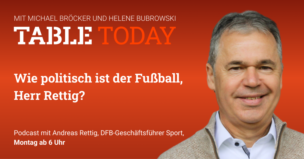 Table Today mit Michael Bröcker und Helene Bubrowski. "Wie politisch ist der Fußball, Herr Rettig?" Podcast mit Andreas Rettig, DFB-Geschäftsführer Sport.