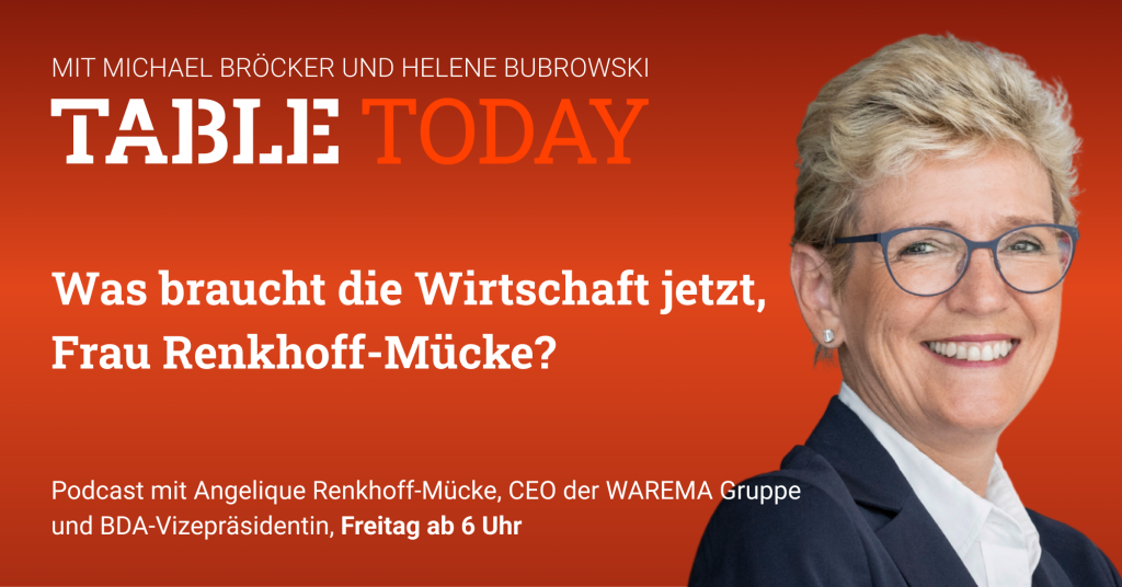 Table.Today mit Michael Bröcker und Helene Bubrowski. "Was braucht die Wirtschaft jetzt, Frau Renkhoff-Mücke?" Podcast mit Angelique Renkhoff-Mücke, CEO der WAREMA Gruppe und BDA-Vizepräsidentin.