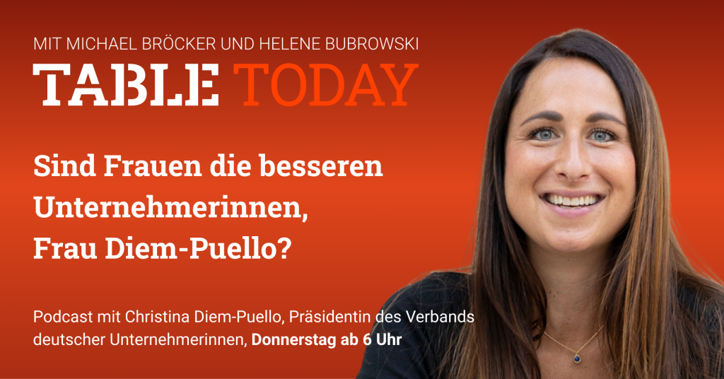 Table.Today mit Michael Bröcker und Helene Bubrowski. "Sind Frauen die besseren Unternehmerinnen, Frau Diem-Puello?" Podcast mit Christina Diem-Puello, Präsidentin des Verbands deutscher Unternehmerinnen.