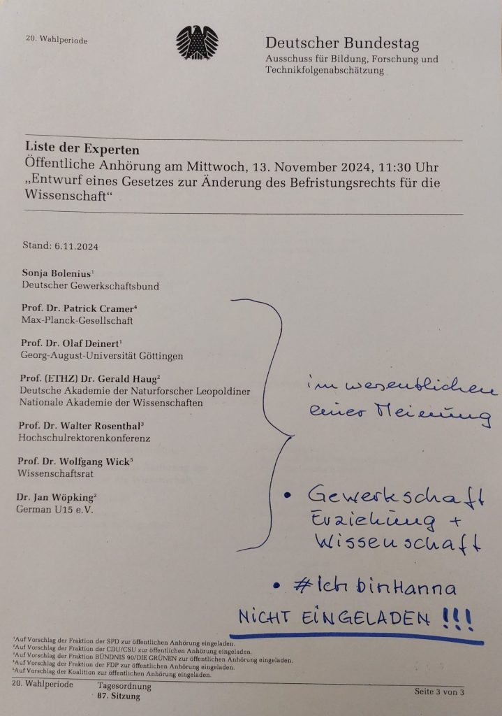 Kommentar von Petra Sitte (MdB, Linke) auf der Einladung zur Sachverständigen-Anhörung zum WissZeitVG im Forschungsausschuss.