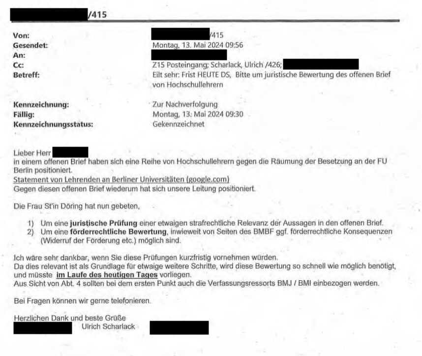 Ungeschwärzt: Eine Mail aus der Abteilung 425 während der Fördermittel-Affäre.