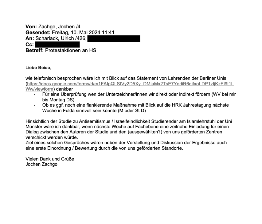 Nach Telefonat am 13. Mai: Jochen Zachgo vergibt mit "Blick auf das Statement von Lehrenden der Berliner Unis" einen Auftrag.
