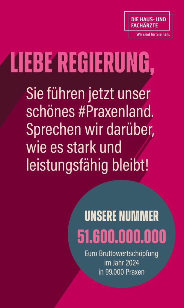 Liebe Regierung, reden wir über unser Praxenland. Unsere Nummer: 51.600.000.000 Euro Brutto-Wertschöpfung in 99.000 Praxen.