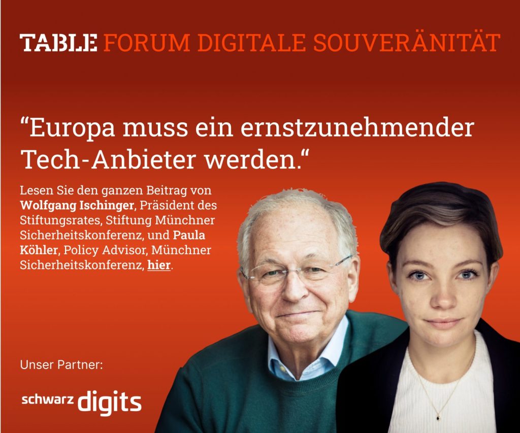 Table Forum Digitale Souveränität. Lesen Sie den Beitrag von Wolfgang Ischinger und Paula Köhler hier. schwarz digits