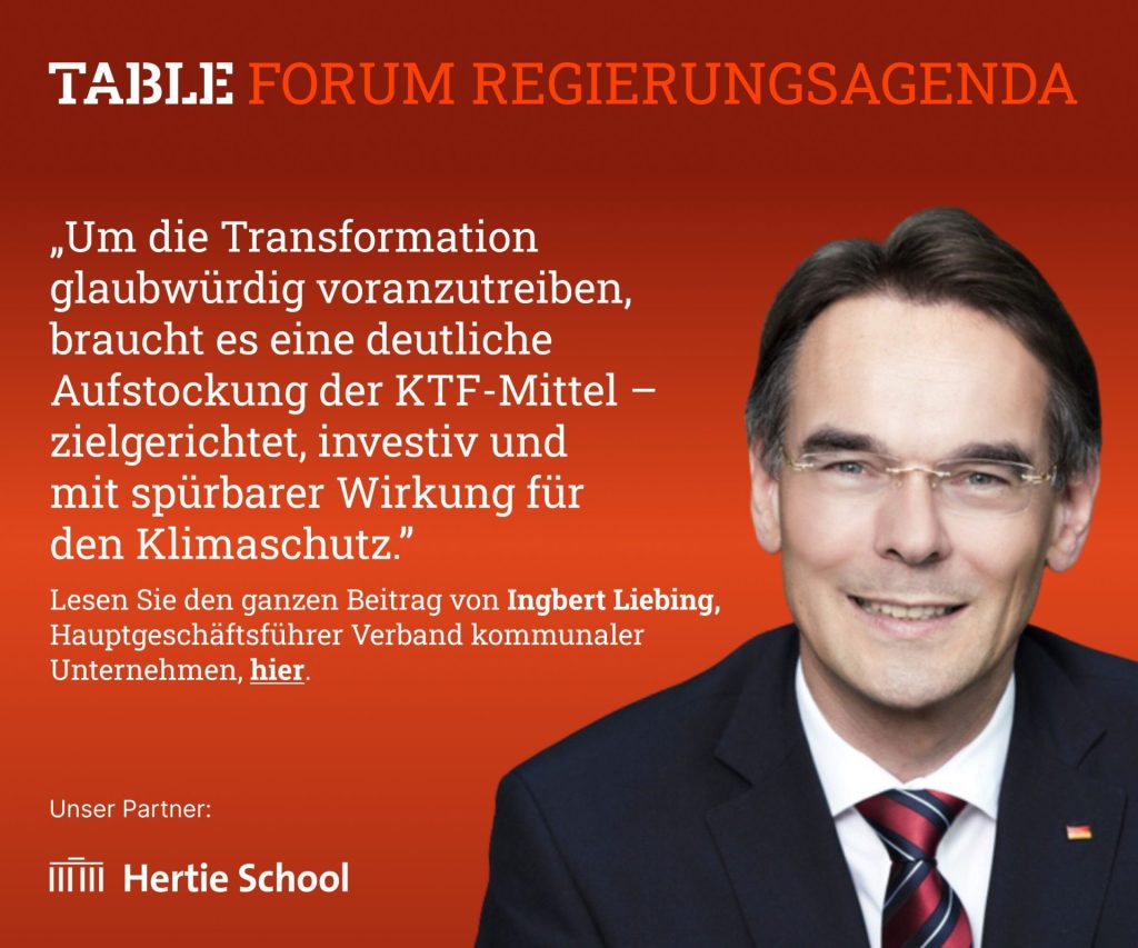 Lesen Sie hier den Beitrag von Ingbert Liebing, Hauptgeschäftsführer Verband kommunaler Unternehmen, über den Investitionsbedarf in Deutschlands Infrastrukturen und deren Finanzierung im Table.Forum Regierungsagenda.