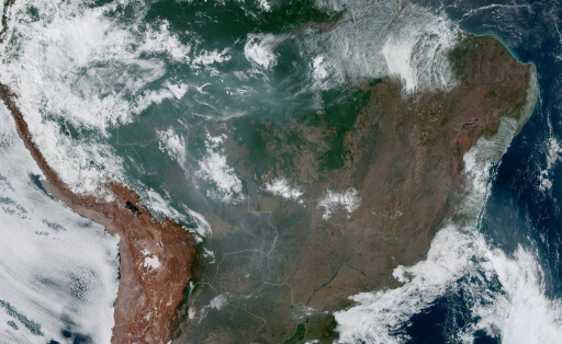 Ein Foto der Amazonasregion von weit oben. Man sieht die Umrisse des nördlichen Teils von Südamerika und Rauchwolken.