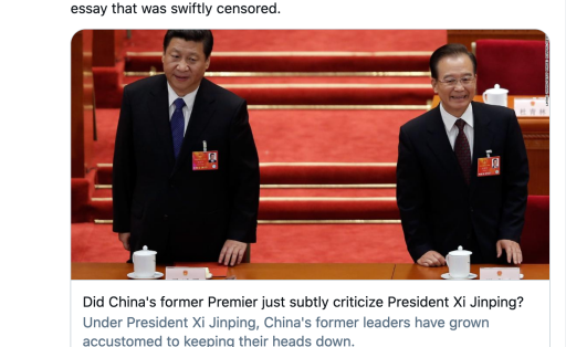 Chinas früherer Premierminister Wen Jiabao hat in einem Essay - angeblich eine Hommage an seine verstorbene Mutter - sanfte Kritik an Xi Jinping geübt. Sein Text wurde in China hunderttausendfach geteilt und prompt zensiert.
