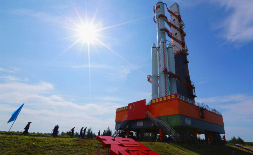 210916 -- WENCHANG, Sept. 16, 2021 -- The combination of the Tianzhou-3 cargo spacecraft and a Long March-7 Y4 carrier rocket is being transferred to the launching area of the Wenchang Spacecraft Launch Site in south China s Hainan Province, Sept. 16, 2021. The China Manned Space Agency CMSA said Thursday that the Tianzhou-3 cargo spacecraft will be launched in the near future at an appropriate time. Photo by /Xinhua CHINA-HAINAN-TIANZHOU-3 CARGO SPACECRAFT-LAUNCH-PREPARATION CN HuxXujie PUBLICATIONxNOTxINxCHN