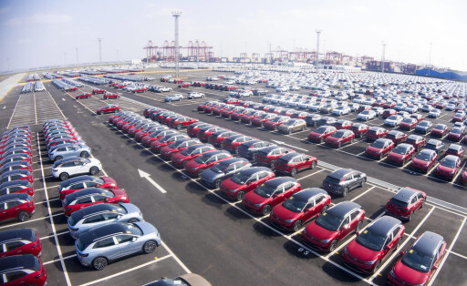 SUZHOU, CHINA - FEBRUARY 02: Aerial view of SAIC Volkswagen ID.4 electric sport-utility vehicles sitting parked at a port along the Yangtze River on February 2, 2021 in Suzhou, Jiangsu Province of China. PUBLICATIONxINxGERxSUIxAUTxHUNxONLY Copyright: xVCGx CFP111315823844
