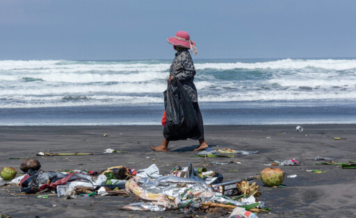 Yogyakarta, Indonesien: Eine Arbeiterin sammelt am Parangkusumo-Strand Müll ein.