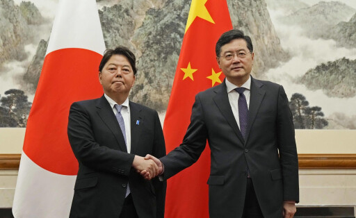 Hayashi-Qin talks Japanese Foreign Minister Yoshimasa Hayashi L shakes hands with his Chinese counterpart Qin Gang at the Diaoyutai State Guesthouse in Beijing on April 2, 2023, ahead of their talks. PUBLICATIONxINxGERxSUIxAUTxHUNxONLY A14AA0001412621P