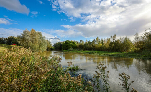 Bergkamen, Ruhrgebiet, Nordrhein-Westfalen, Deutschland - Herbstlandschaft an der Seseke. Die renaturierte Seseke, ein N