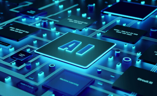 Blue illuminated AI processor on the motherboard. Artificial Intelligence, AI Künstliche Intelligenz