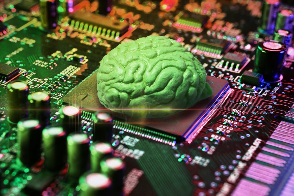 Fotomontage zu KI: menschliches Gehirn auf einem Computerchip