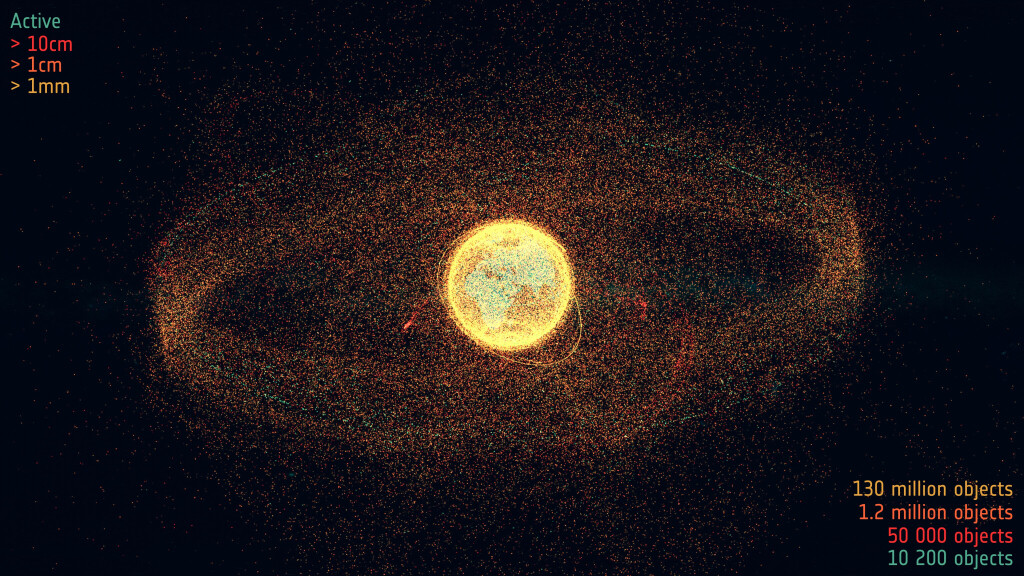 Standbild aus dem kurzen Dokumentarfilm der ESA "Space Debris: Is it a Crisis?" über den Zustand des Weltraummülls, der auf der 9. Europäischen Konferenz über Weltraummüll am 1. April 2025 uraufgeführt wurde.