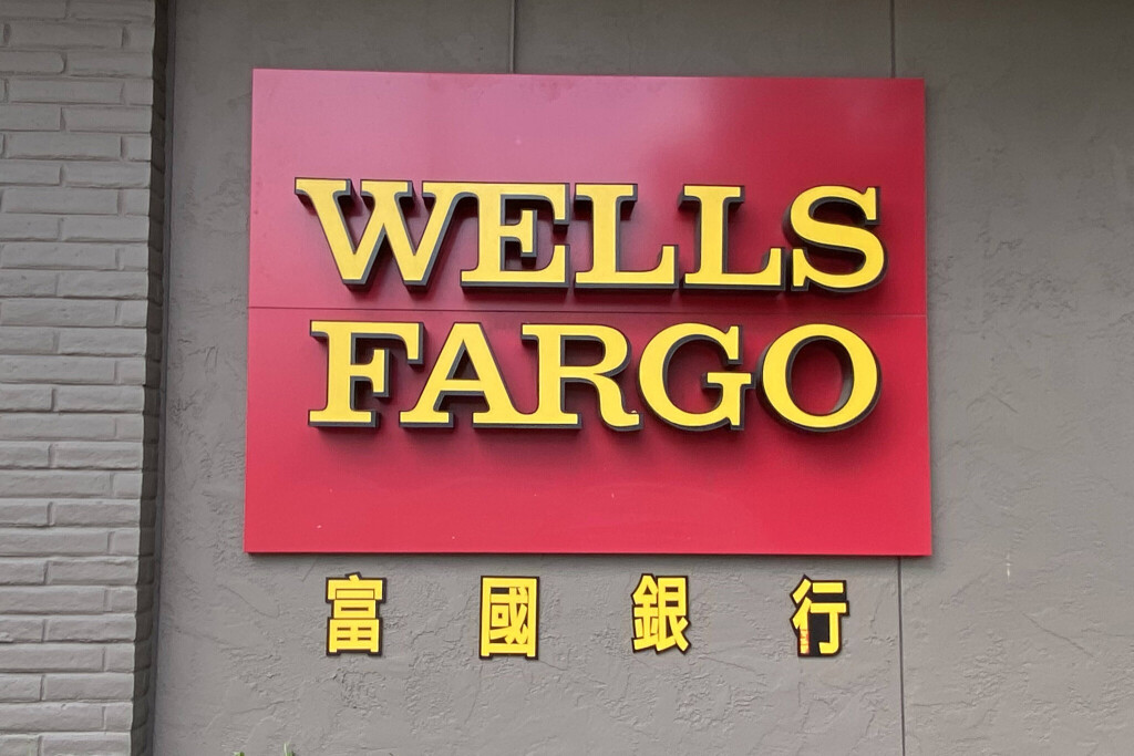 Wells Fargo bank sign in English and Chinese 2020 in Monterey Park, California