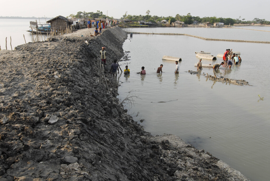 Bangladesh, climate change Bangladesh , village Kalabogi at river Shibsha close to the Bay of Bengal , villager repair embarkment as flood protection *** Bangladesch , Dorf Kalabogi am Fluss Shibsha , Dorfbewohner bauen Deiche aus Lehm als Kuestenschutz und Flutschutz Khulna Bangladesh