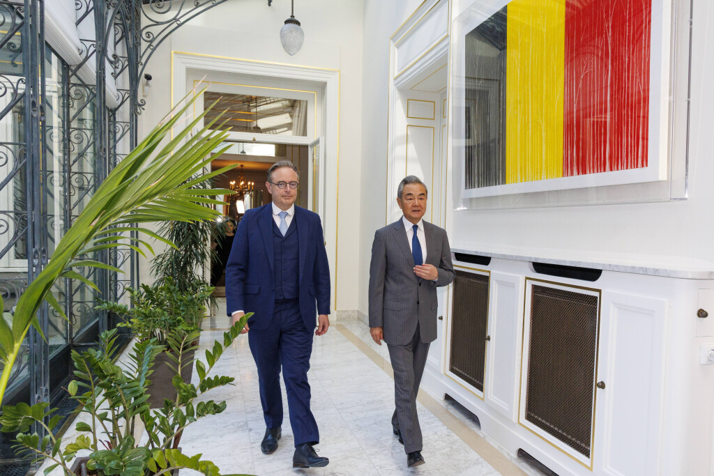 Prime Minister Bart De Wever and Chinese Minister for Foreign Affairs Wang Yi arrive for a diplomatic meeting with China Foreign Affairs Minister, at the Lambermont in Brussels on Tuesday 01 July 2025.