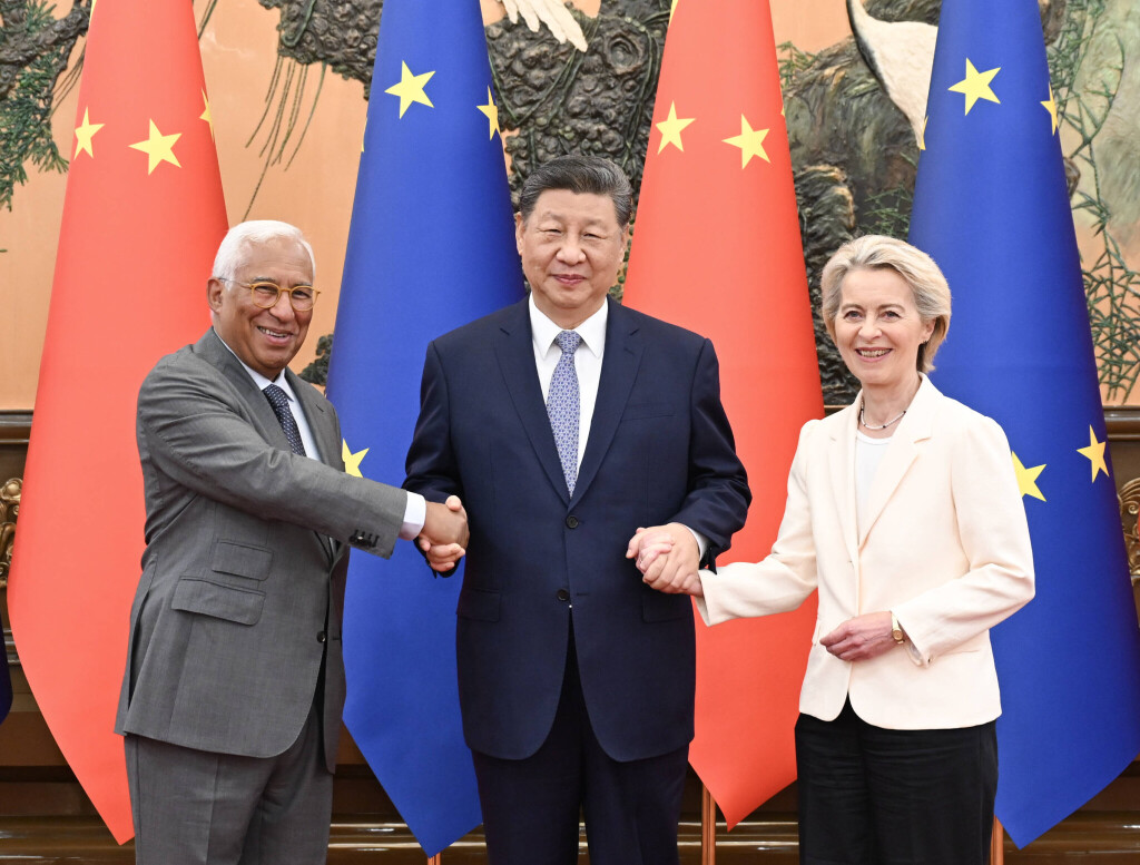 Chinese President Xi Jinping meets with President of the European Council Antonio Costa and President of the European Commission Ursula von der Leyen, who are in China for the 25th China-EU Summit, at the Great Hall of the People in Beijing, capital of China, July 24, 2025.