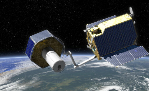 Künstlerische Darstellung zeigt das Greifen des Client (l.) durch den Servicer-Satelliten und illustriert das deutsche DEOS-Projekt, das auf der Luft- und Raumfahrtmesse ILA vorgestellt wird. Das Kürzel steht für Deutsche Orbitale Servicing Mission und umfasst Technologien zur Verlängerung der Lebensdauer von Satelliten.