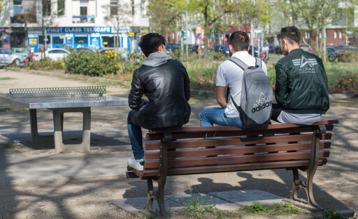 Junge Männer auf einer Parkbank.