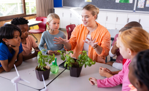 Eine junge Lehrerin sitzt mit sieben Schülern und Schülerinnen an einem Tisch, auf dem Pflanzen stehen.