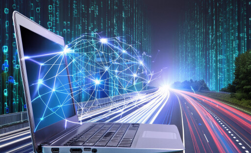 Mit KI generiert. Symbol für Informatik, Internet, Datentransfer, Datenautobahn, für das World Wide Web, 3D-Hologramm