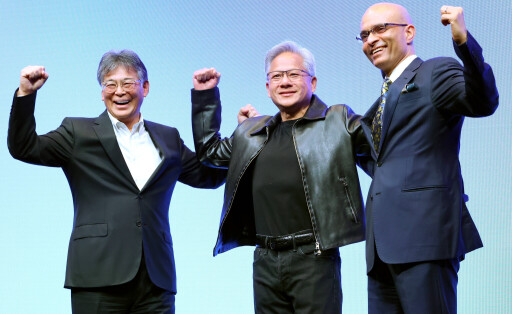October 3, 2025, Tokyo, Japan - Japanese computer giant Fujitsu president Takahito Tokita (L), American GPU and AI chip maker NVIDIA founder and CEO Jensen Huang (C) and Fujitsu chief technology officer Vivek Mahajan (R) pose for photo as they announced to expand their strategic partnership for AI computing at a press conference in Tokyo on Friday, October 3, 2025. The collaboration will focus on co-developing of industrial AI agent platform such as healthcare, manufacturing and robotics sectors.