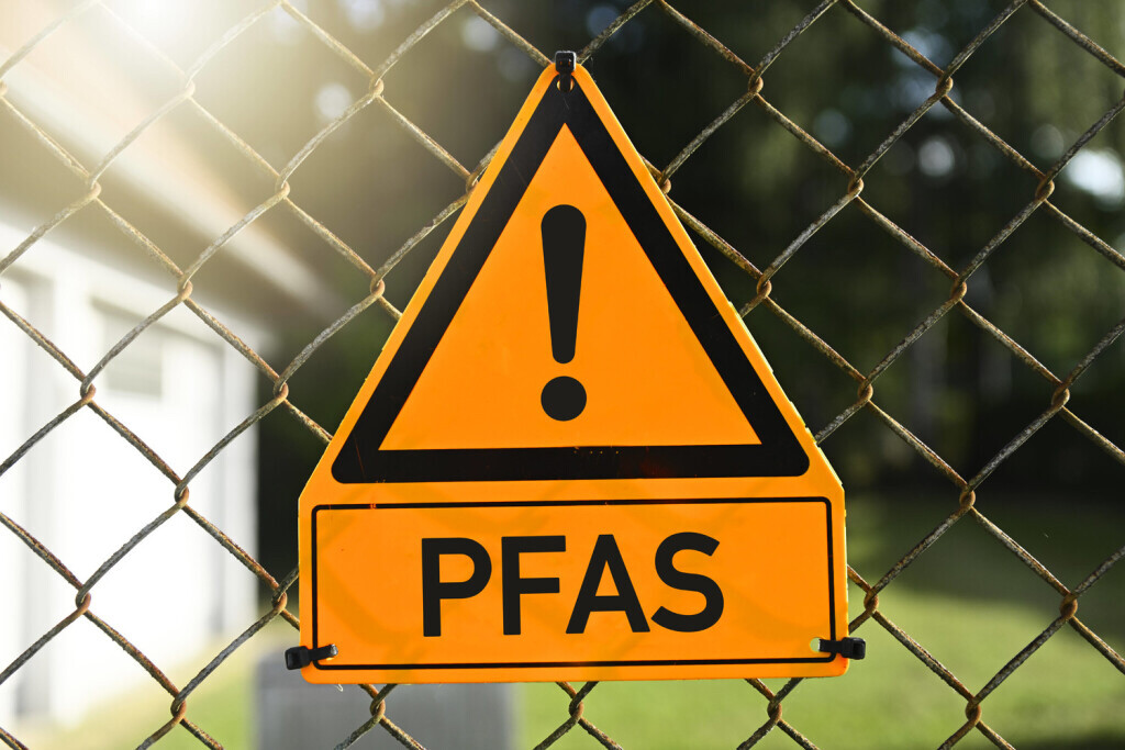 Ein gelbes Warnschild. Drunter steht PFAS