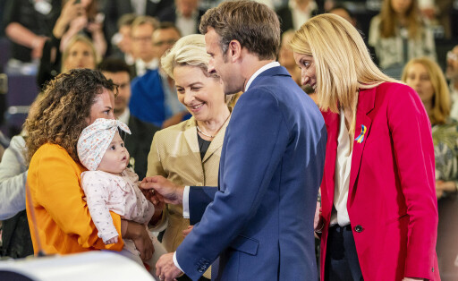 French President Emmanuel Macron and President of the European Commission Ursula Von der Leyen and European Parliament Chairman Roberta Metsola (right) great with a mother and her baby, that was born on May 9th 2021 at the official start of the Conference on the Future of Europe, at the end of the closing ceremony of the conference in European Parliament in Strasbourg, France on May 9, 2022.