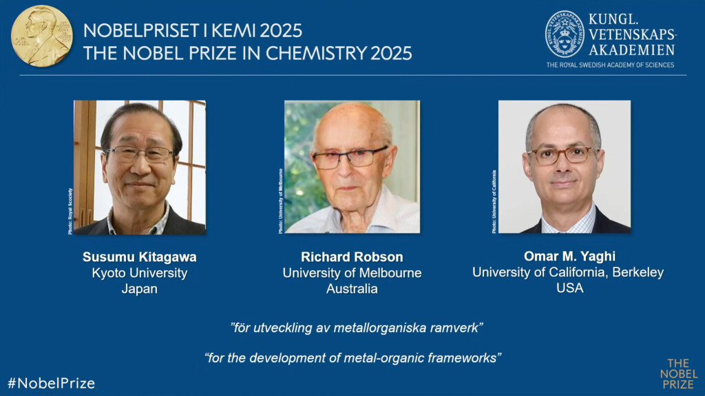 From left, Susumu Kitagawa, Richard Robson and Omar Yaghi, winners of the Nobel Prize in Chemistry 2025.