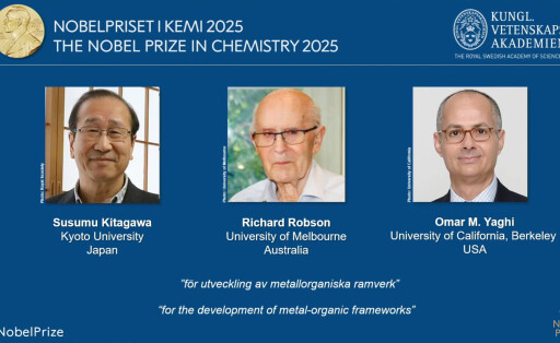 From left, Susumu Kitagawa, Richard Robson and Omar Yaghi, winners of the Nobel Prize in Chemistry 2025.